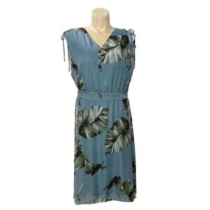 NWT Lane Bryant Dress 26 Dusty Blue Green Midi Drawstring Tropical Leaves Belt